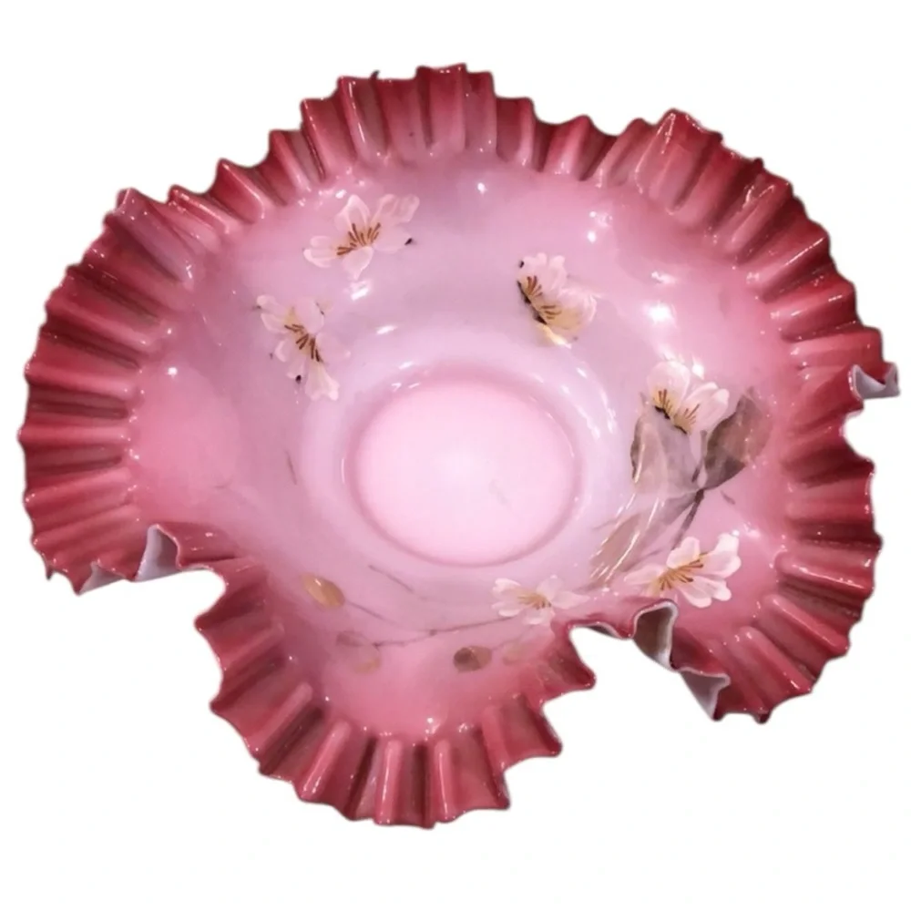 Antique Victorian Hand Painted Pink Ruffled Rim Brides Bowl 10”